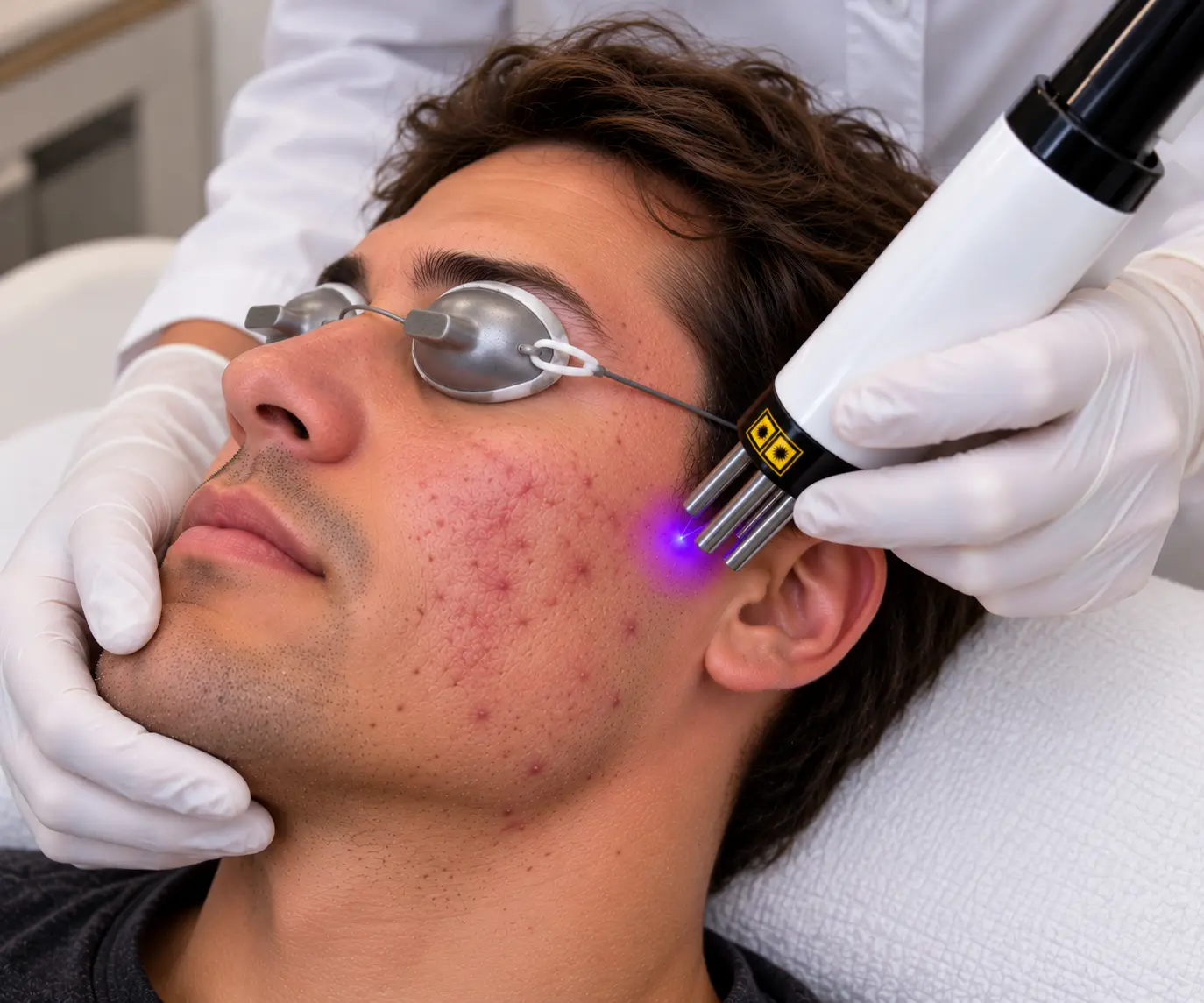 Laser handpiece positioned near a client's cheek