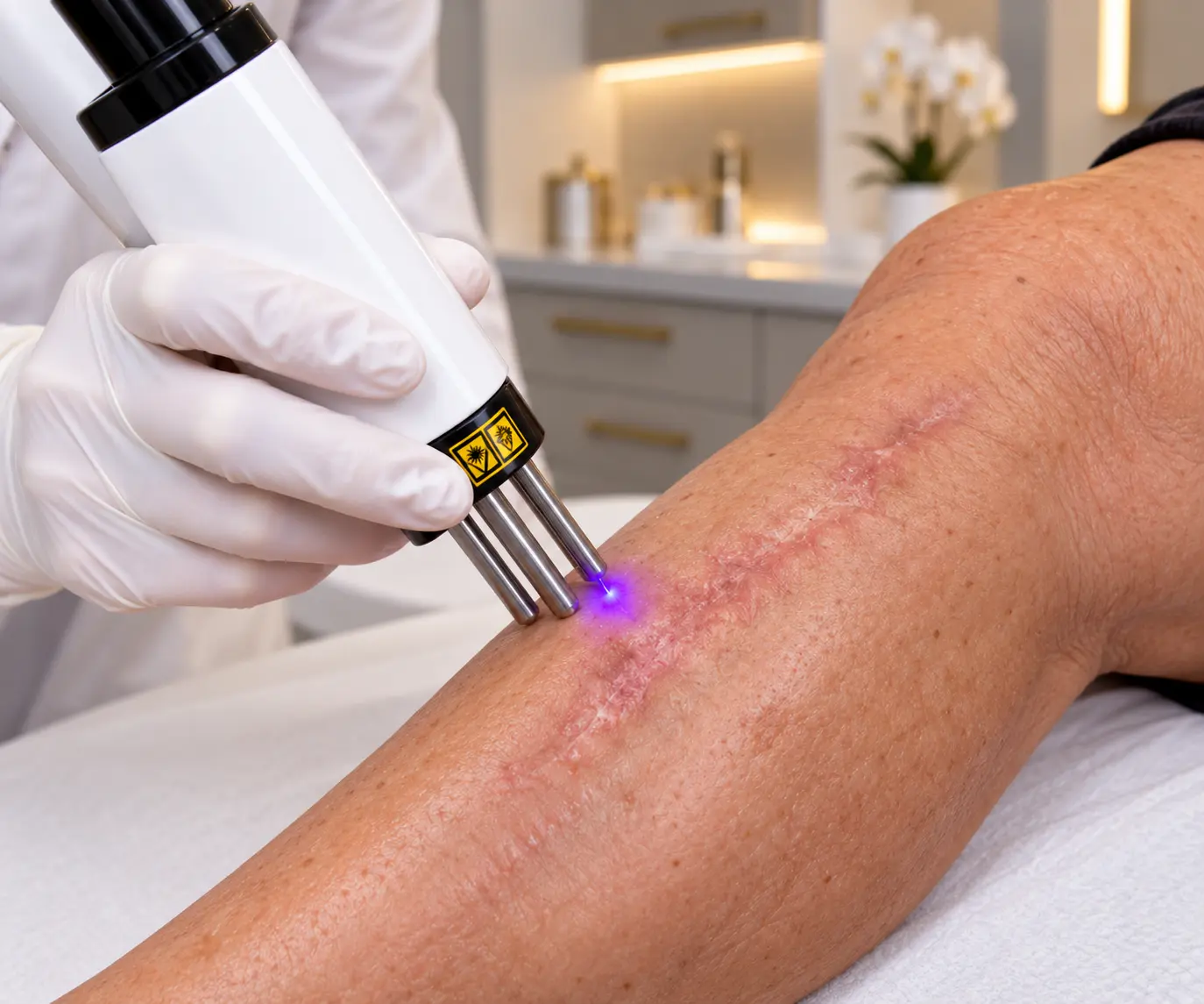 Laser handpiece positioned near an arm tattoo