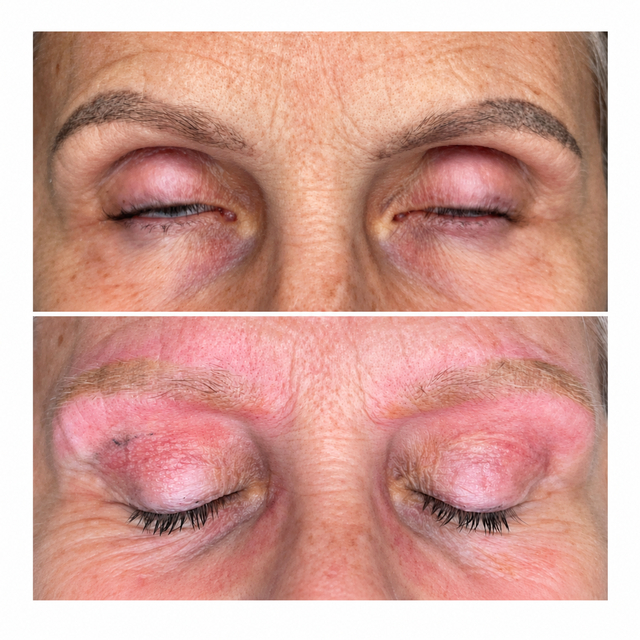 Ombre brow tattoo removal comparison, before treatment on top and immediately after the first session below