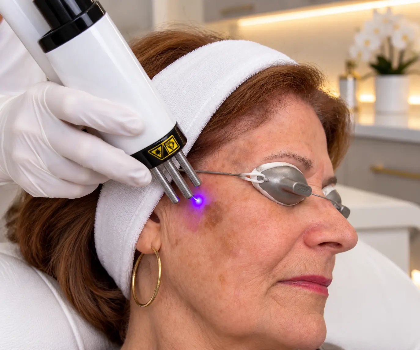 Laser handpiece positioned near a client's cheek during treatment